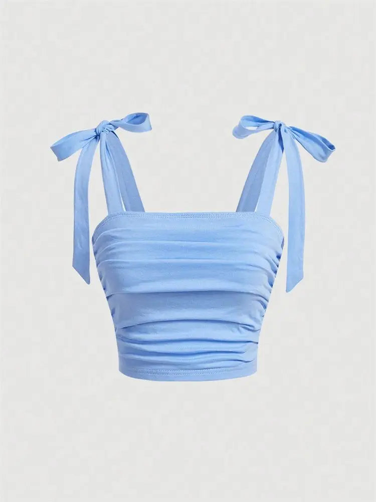 Princess Tie Shoulder Ruched Crop Top