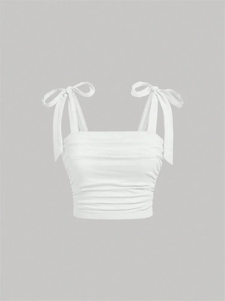 Princess Tie Shoulder Ruched Crop Top