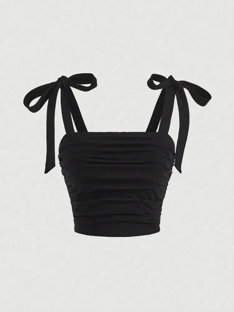 Princess Tie Shoulder Ruched Crop Top